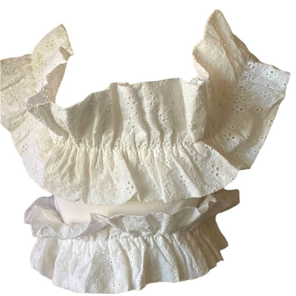 Zara Tops - NWOT Zara White Ribbed tank with Eyelet Lace Off shoulder Size M Crop